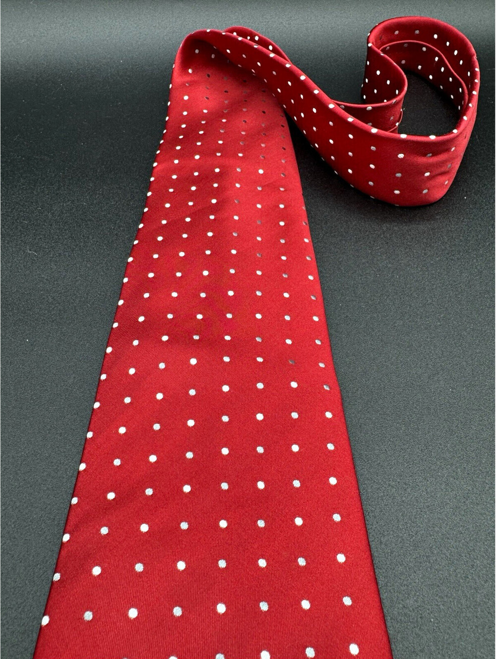 Van Heusen Red Silk Tie Silver White Polka Dot Holiday Christmas 57.5” x 4”